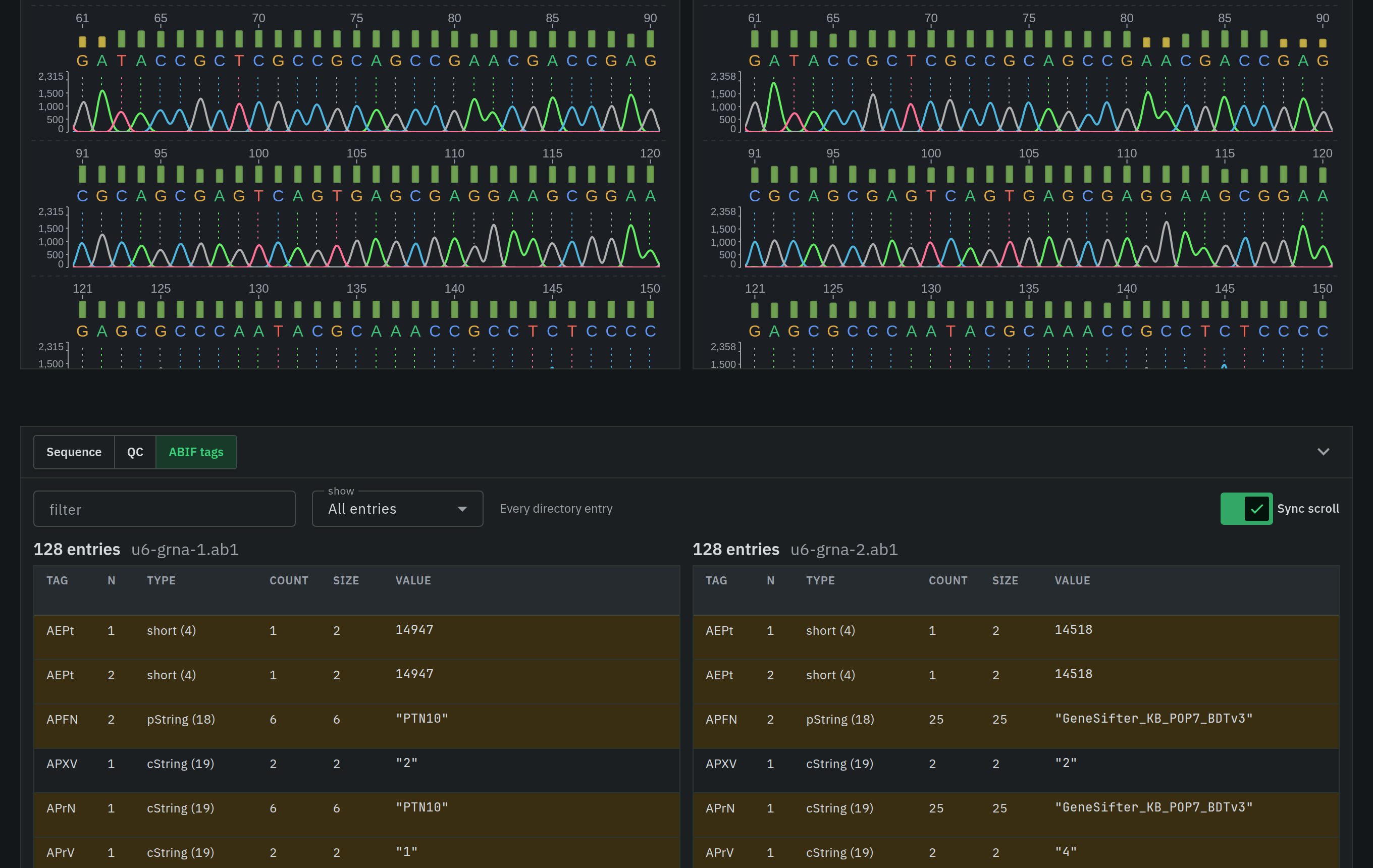 ab1lens comparing ABIF directory entries from two Sanger .ab1 files side by side, with changed tags highlighted, in a dark theme