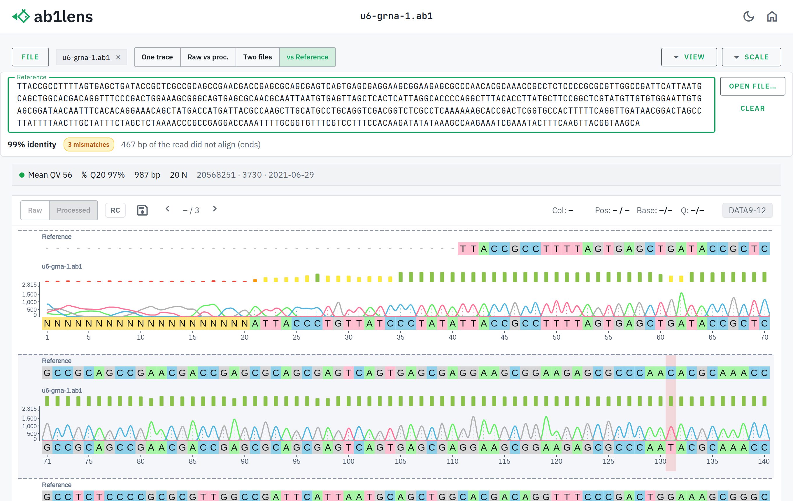 ab1lens aligning a Sanger read to a pasted reference sequence, showing 99% identity and highlighted mismatch positions