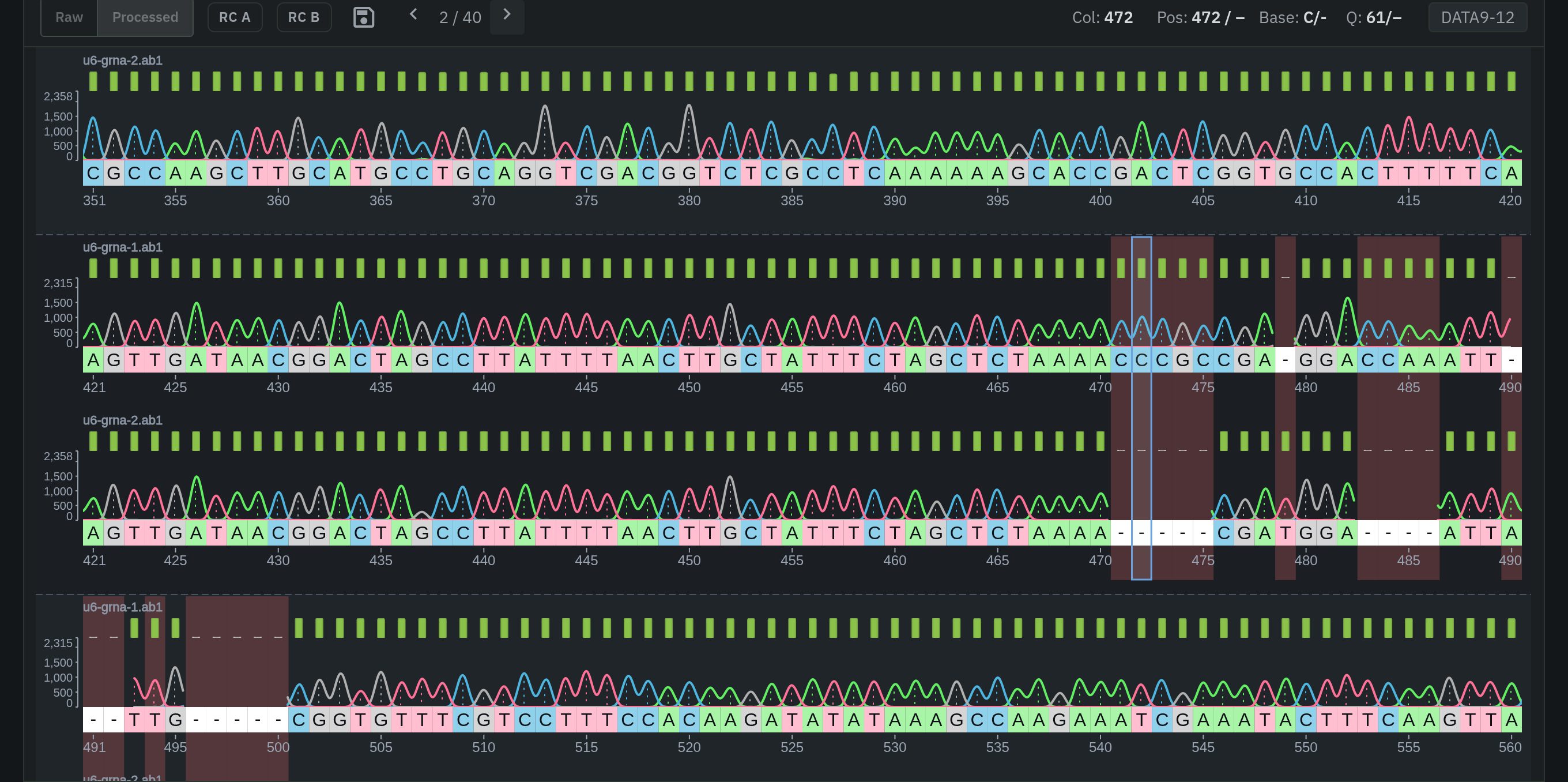 ab1lens column alignment of two Sanger reads with insertions, deletions and mismatches highlighted