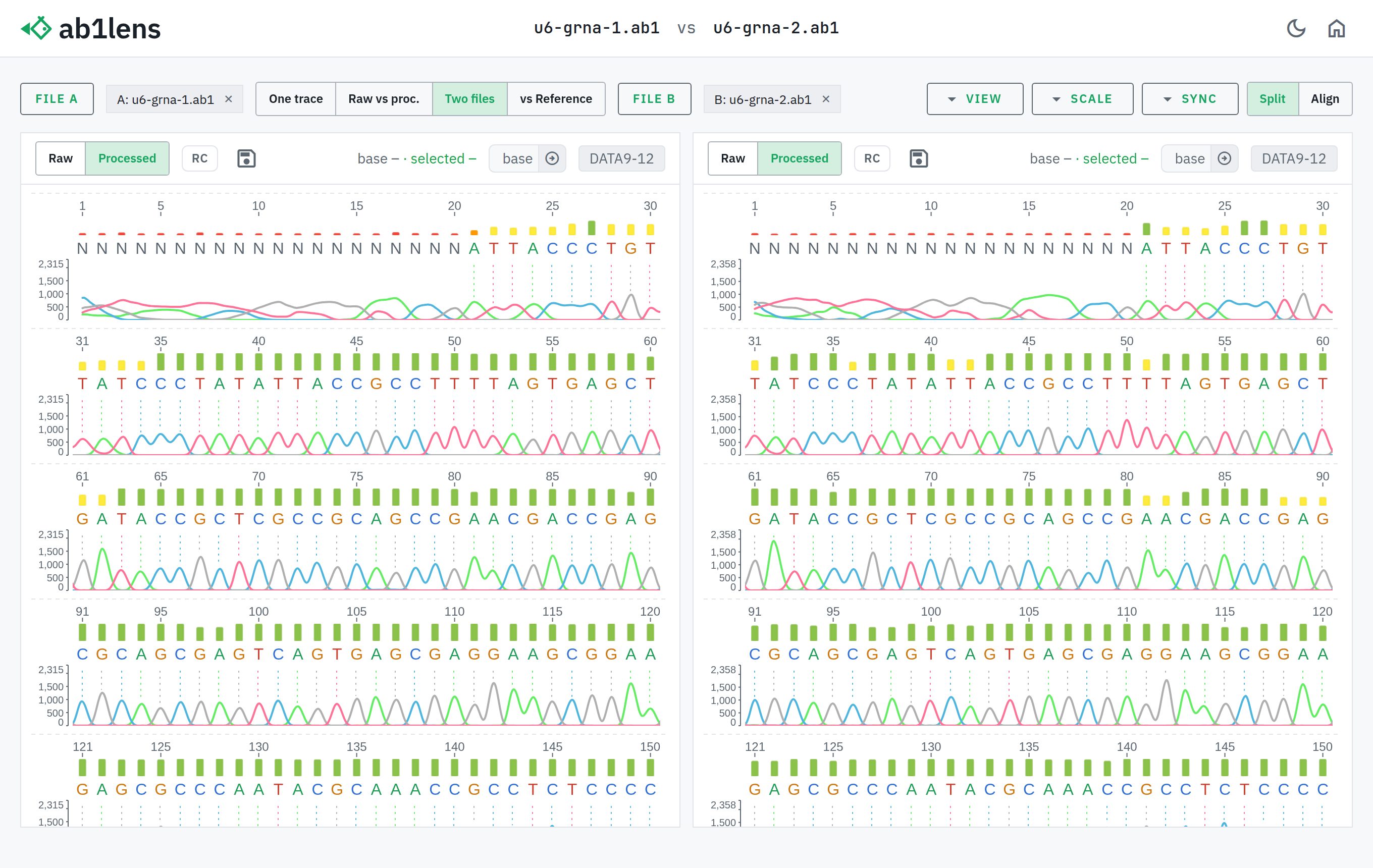 ab1lens comparing two Sanger reads side by side with synchronized scrolling in a light theme