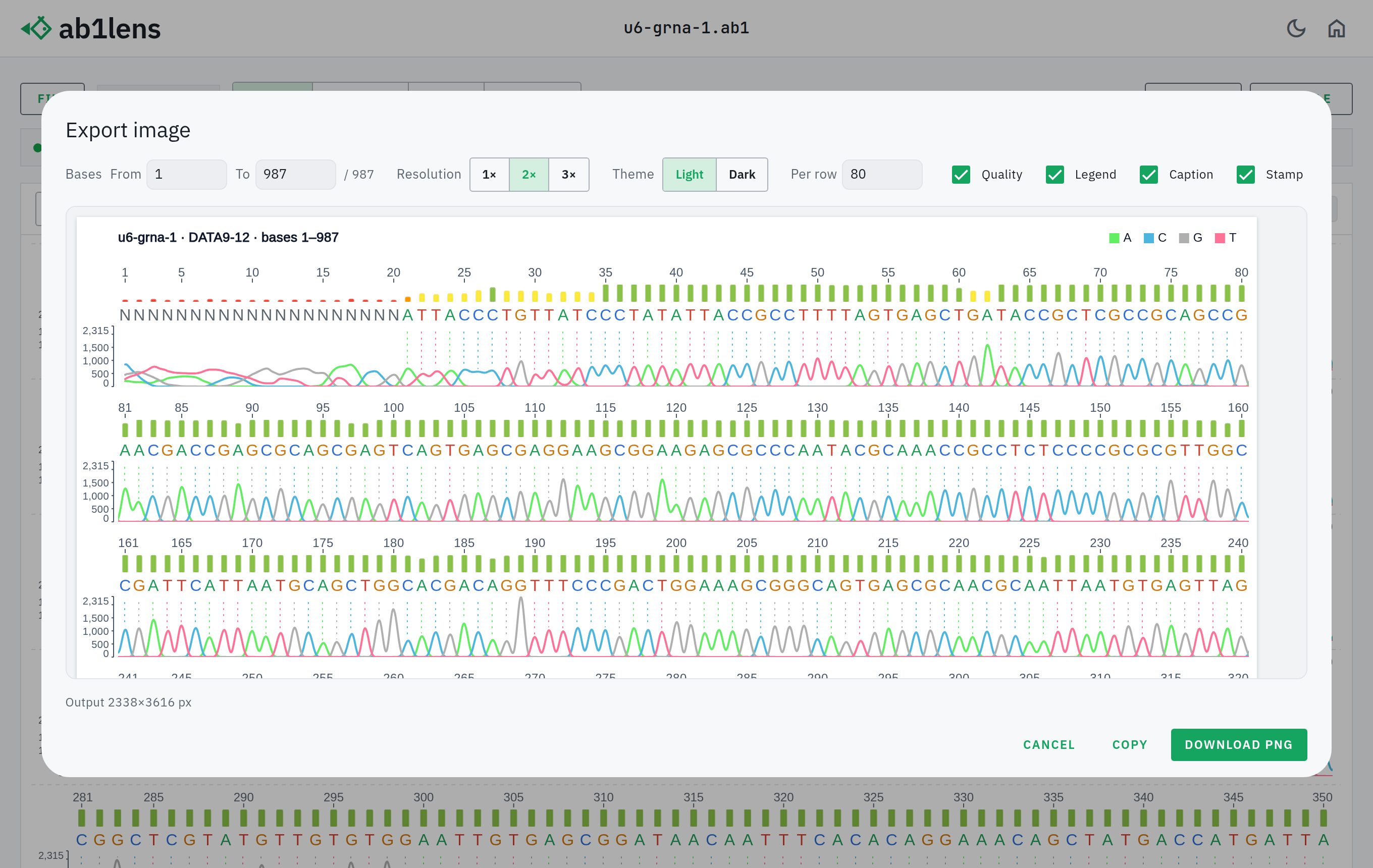 ab1lens export dialog previewing a high-resolution chromatogram image with resolution and theme options