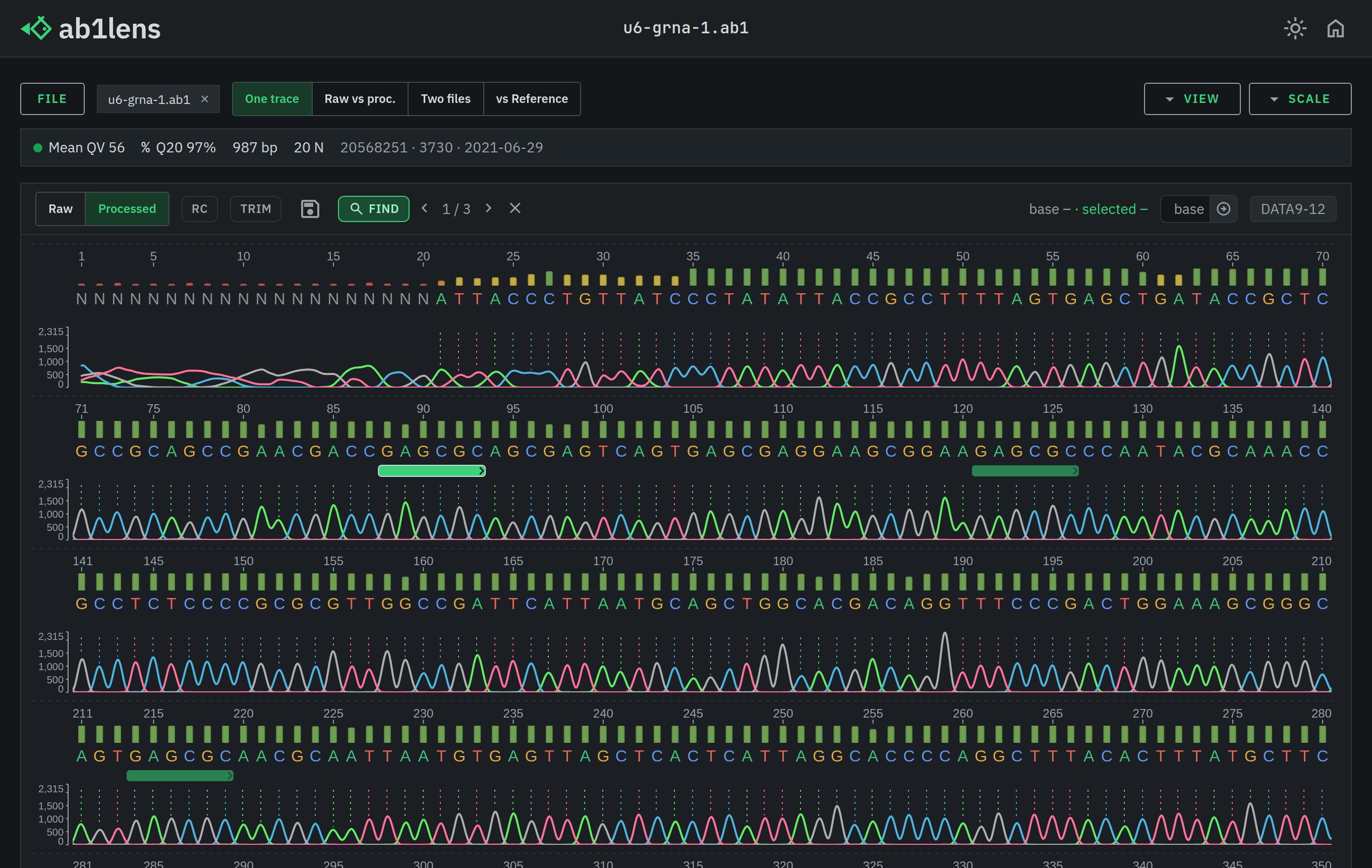 ab1lens highlighting sequence motif and primer matches on a Sanger chromatogram in a dark theme