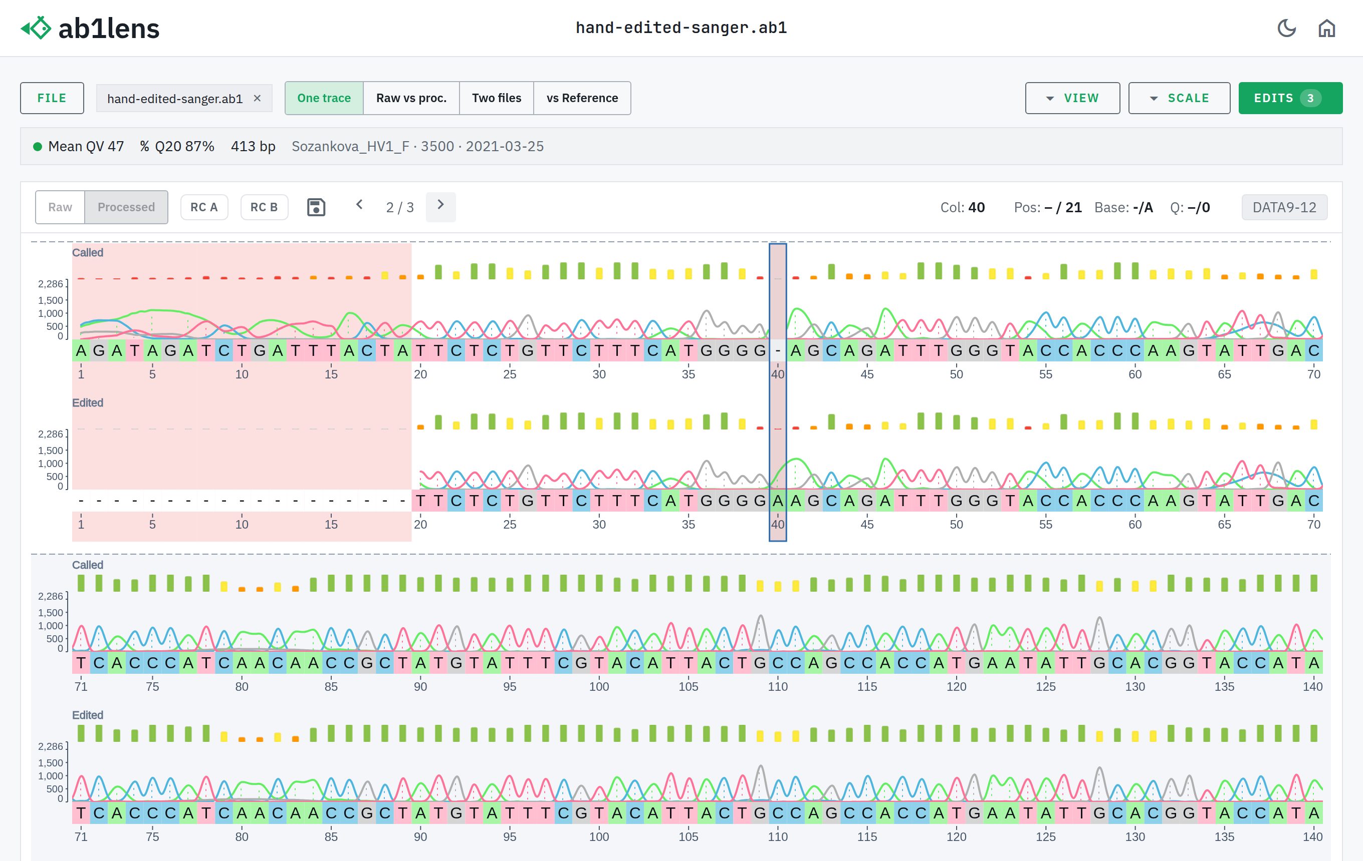 ab1lens comparing software basecalls against a hand-edited version of a Sanger read, stacked and aligned with changed positions highlighted in a light theme