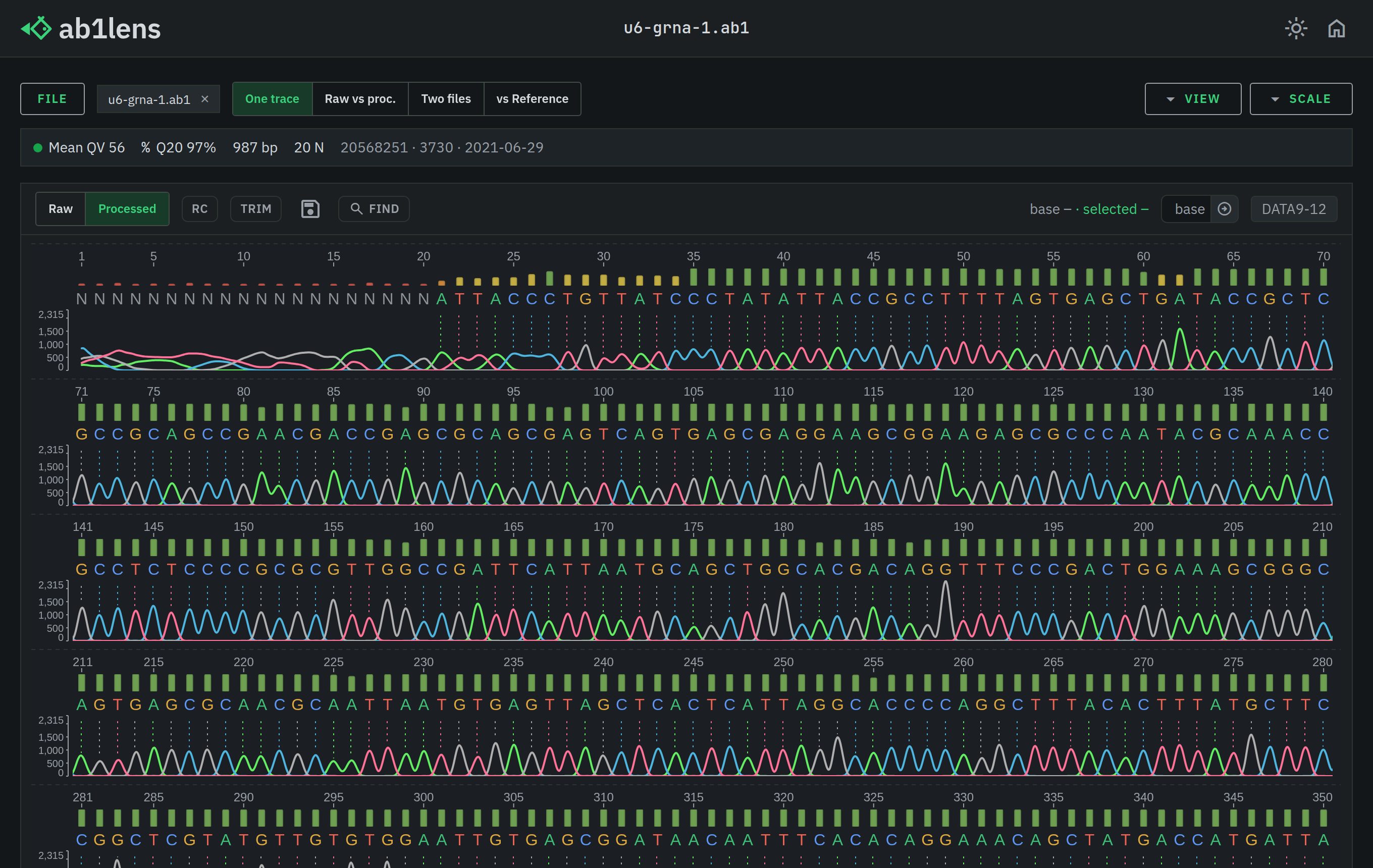 ab1lens showing a Sanger .ab1 chromatogram trace with colored A, C, G, T peaks, base calls and per-base quality bars in a dark theme
