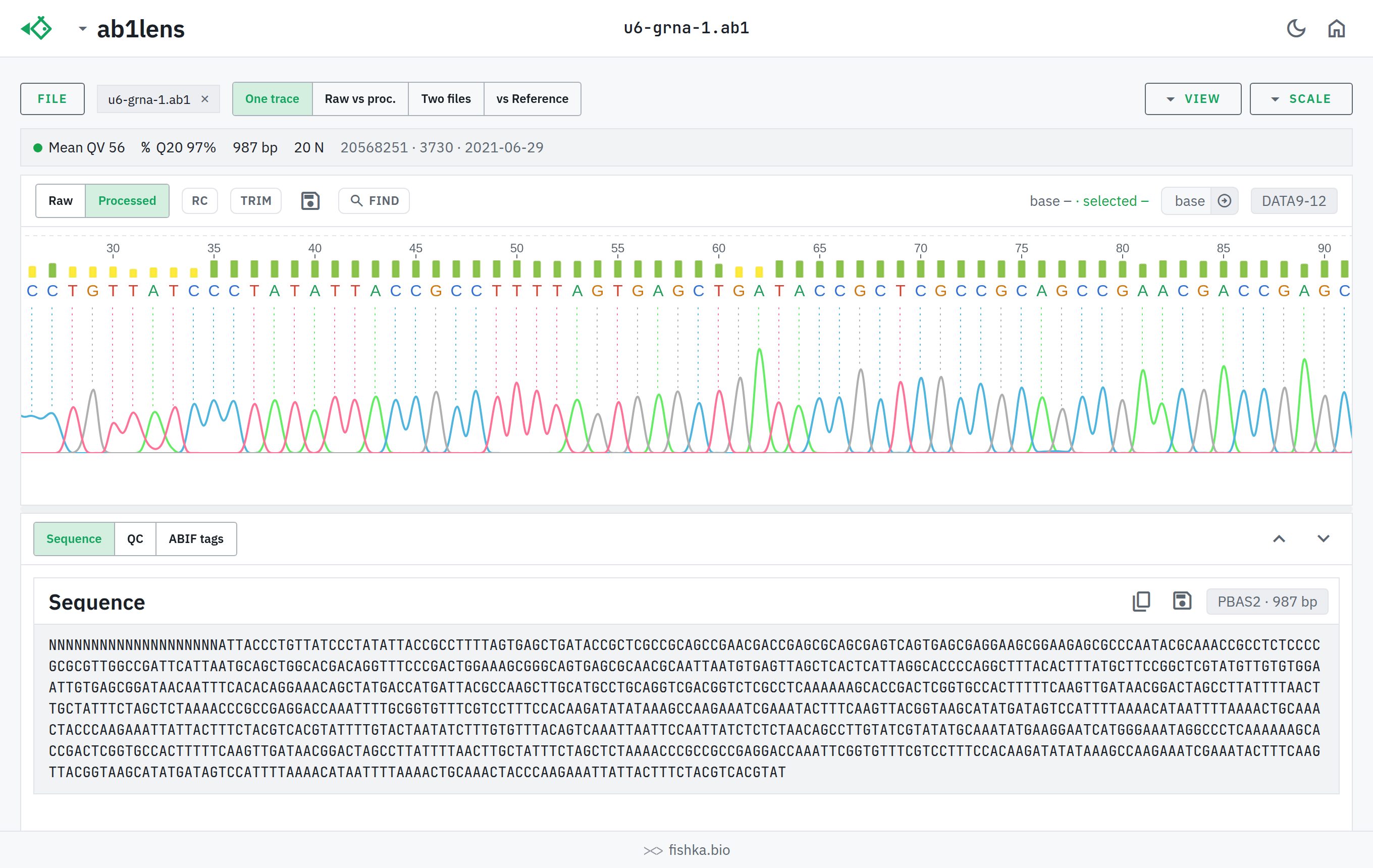 ab1lens showing a Sanger chromatogram trace unwrapped into one long horizontally-scrolling row in a light theme