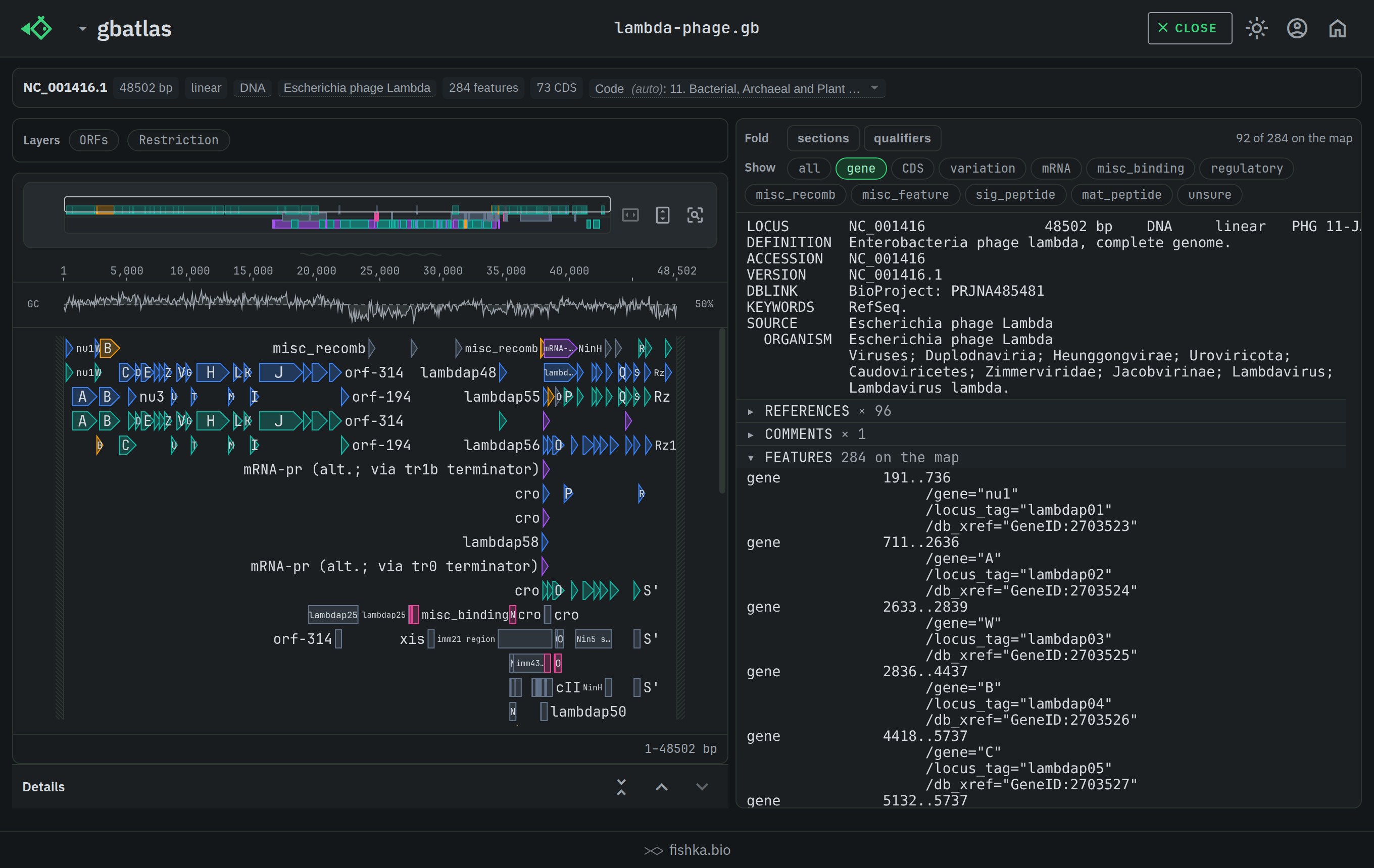 gbatlas with the feature-type filter chips in use, showing how many features of each type the GenBank record holds, in a dark theme