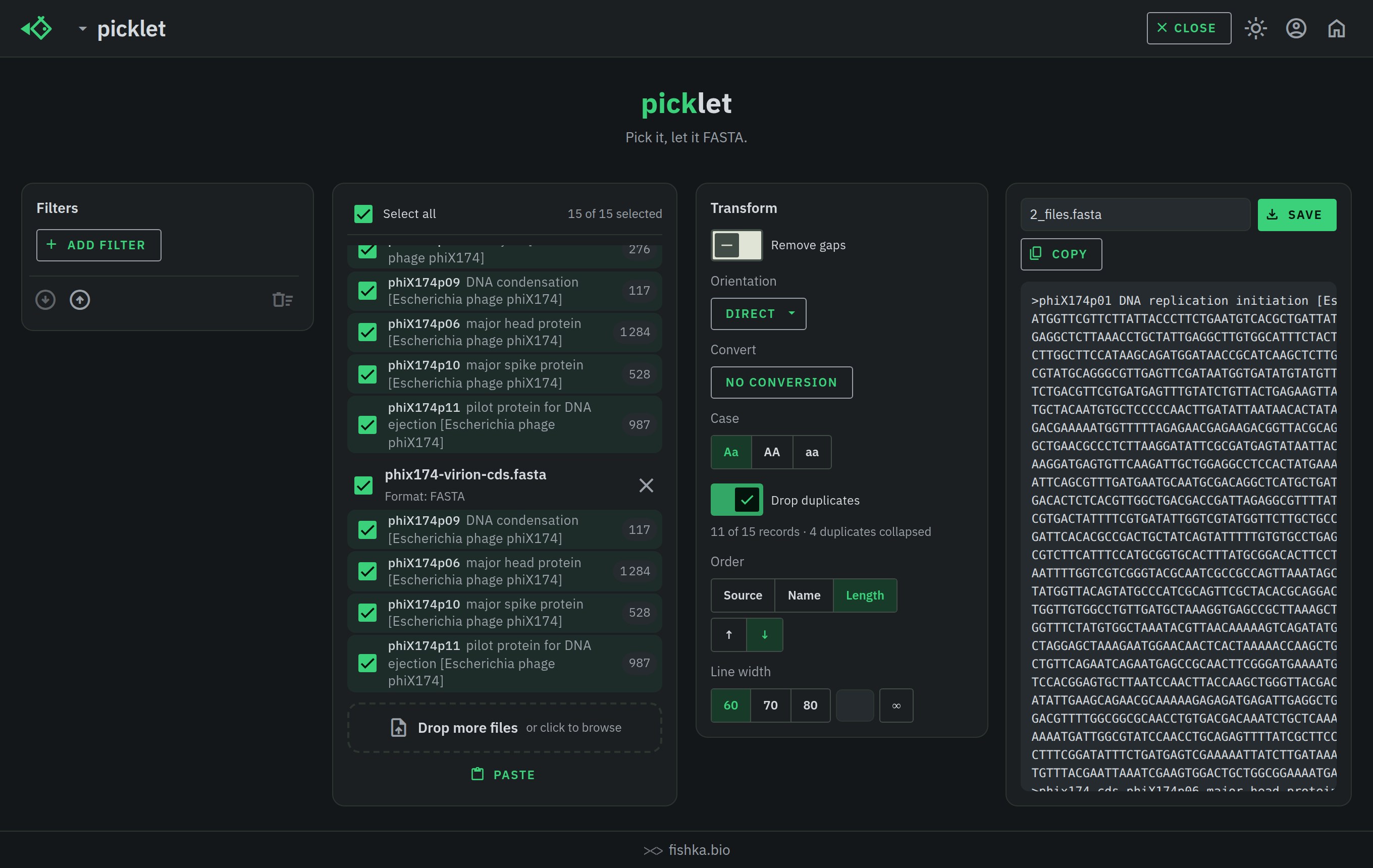 picklet merging two FASTA files with overlapping records: the duplicate toggle reports the collapsed repeats and the output is sorted by length, dark theme