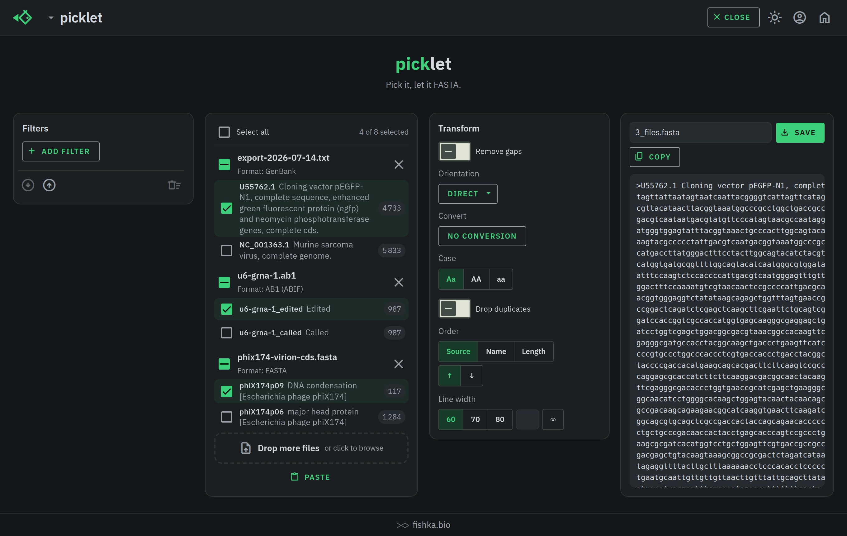 picklet with three files of different formats open in one list — a GenBank export named .txt, an AB1 chromatogram and a FASTA file — and the FASTA preview of the picked records, dark theme