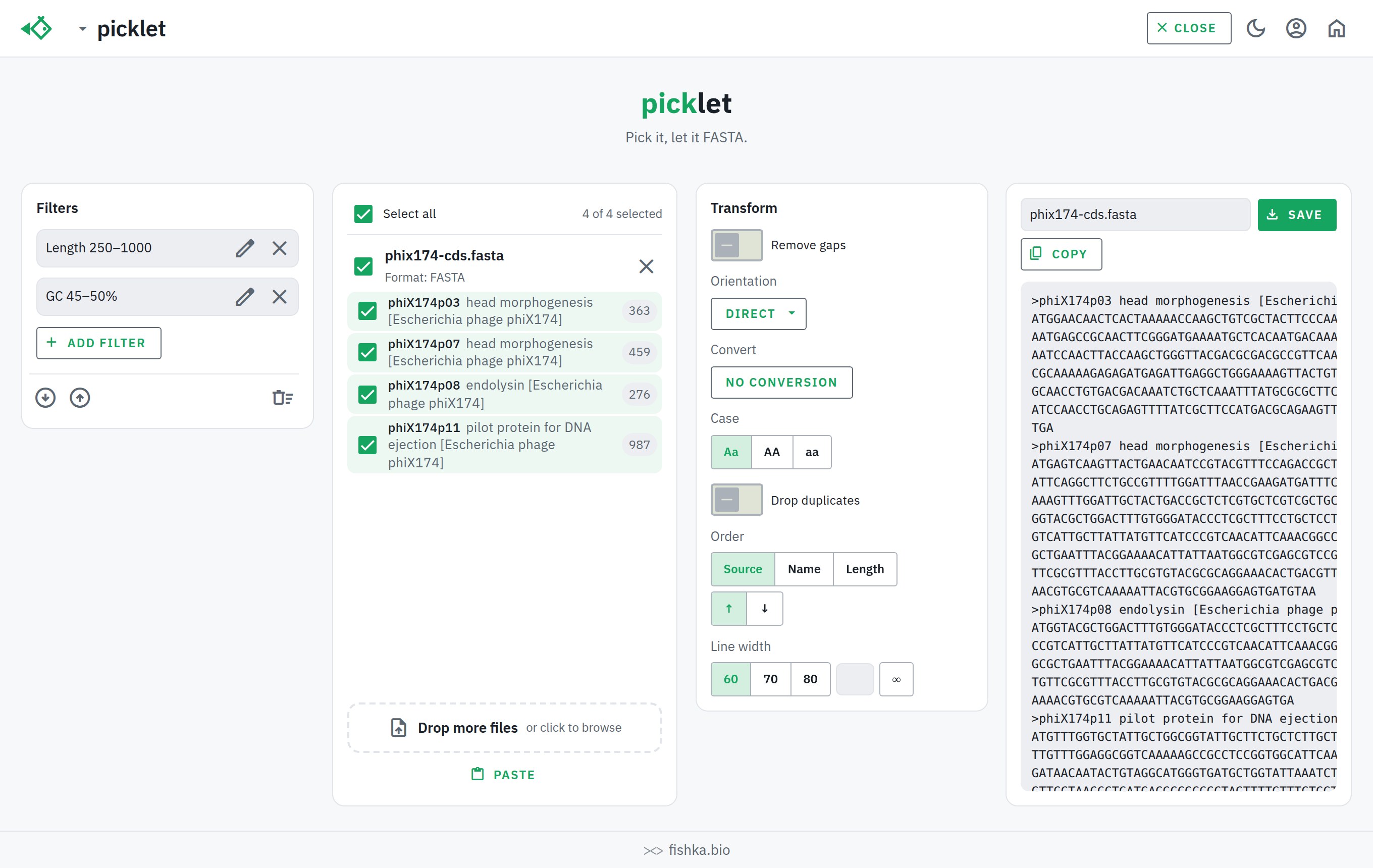picklet showing a length filter and a GC filter applied to a multi-record FASTA of phage coding sequences, with the list narrowed to the records that pass, light theme