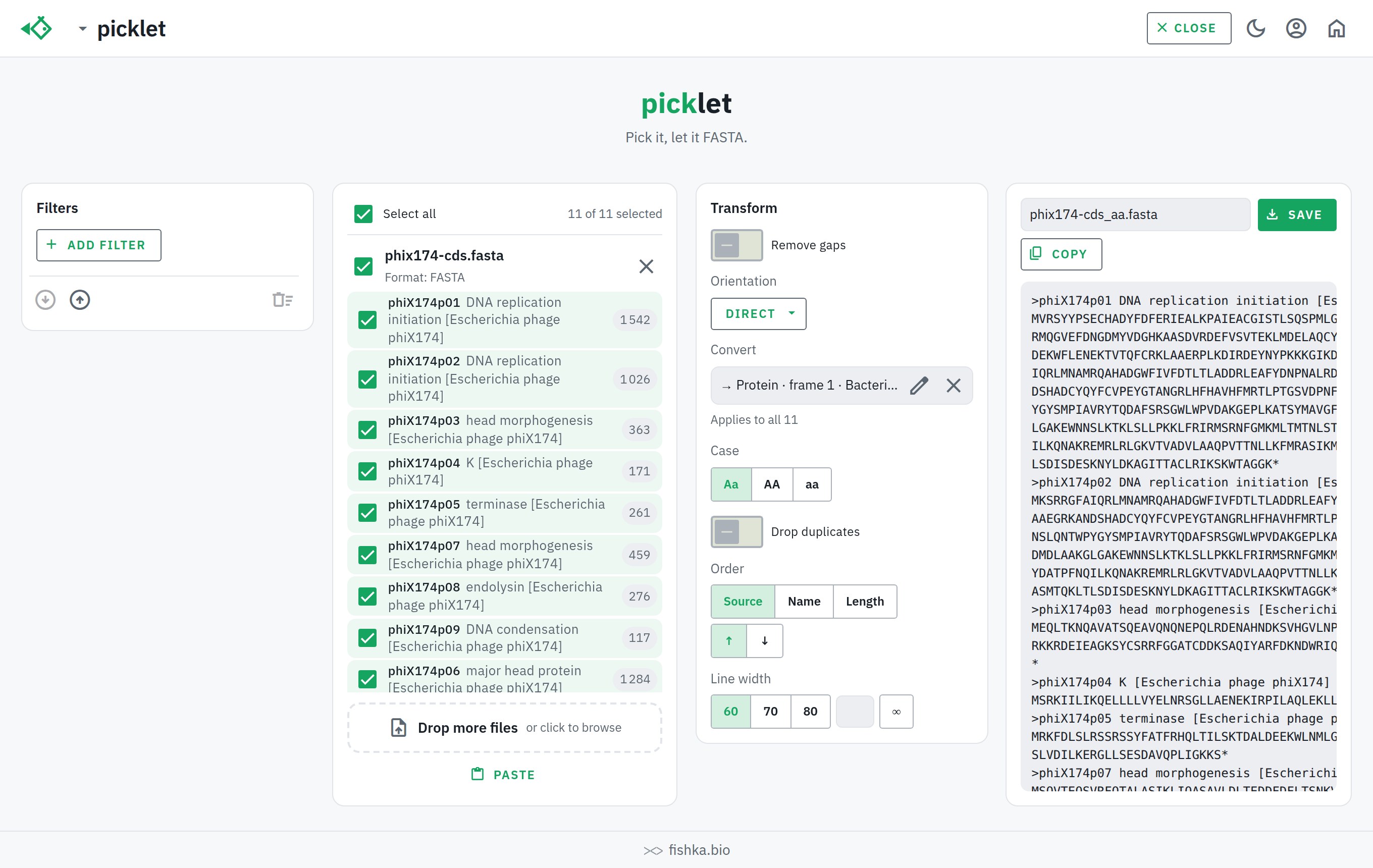 picklet translating picked DNA coding sequences to protein, with the reading frame and genetic code shown and the resulting protein FASTA in the preview, light theme