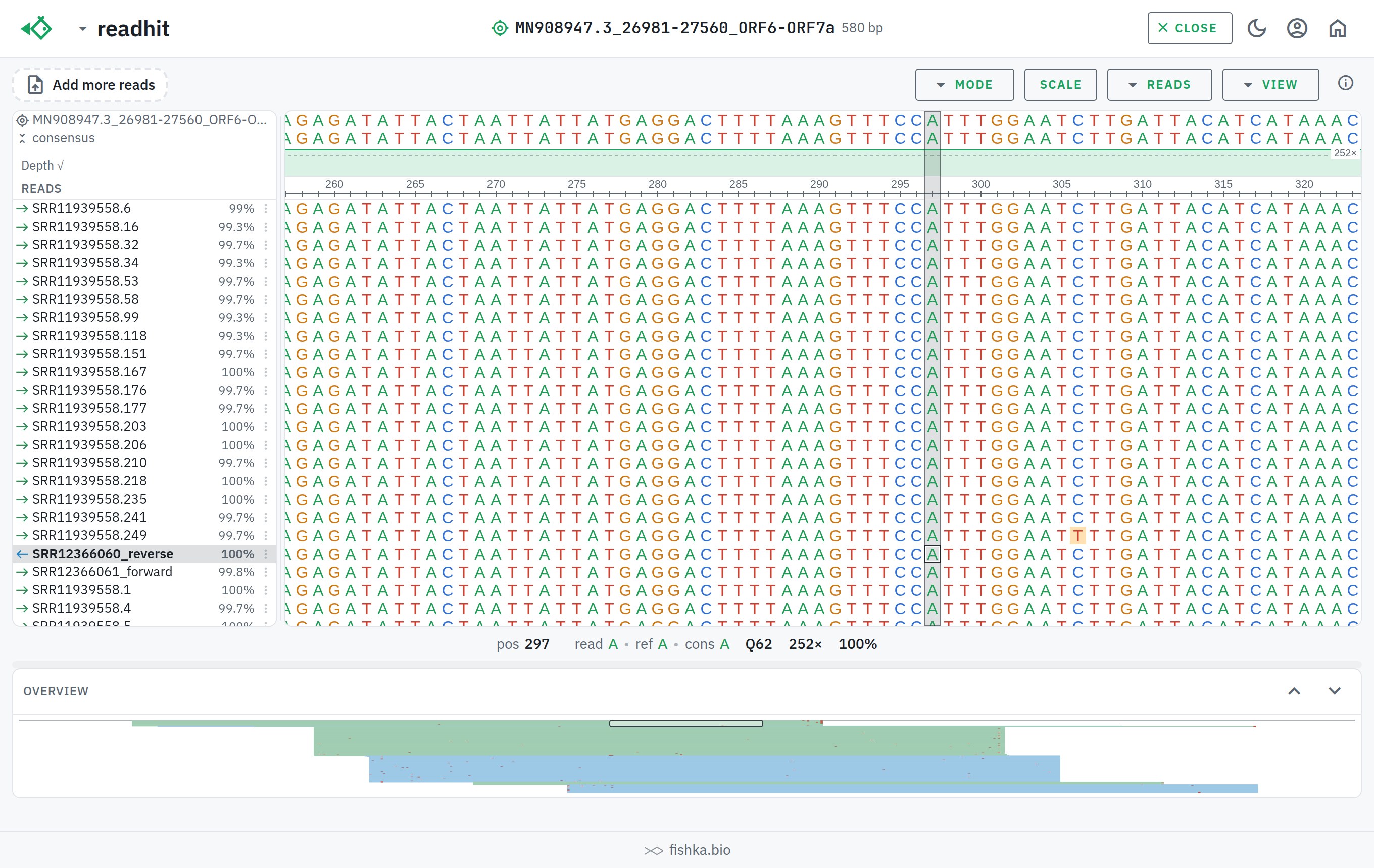 readhit with a Sanger read and NGS amplicon reads of the same specimen aligned to one reference gene in a single session, the Sanger row selected and the column reported as 252-fold deep, light theme